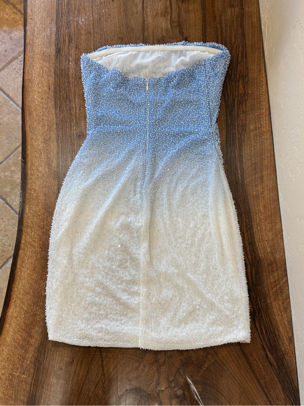 Oh Polly Strapless Beaded Ombre Mini Dress in Light Blue and White - Picture 2 of 4